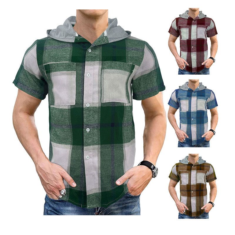 Summer new men's short-sleeved plaid shirt casual hooded business plaid Men's Clothing  Tops  Shirts