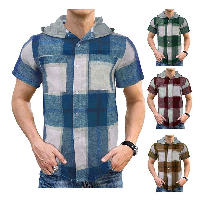 Summer new men's short-sleeved plaid shirt casual hooded business plaid Men's Clothing  Tops  Shirts