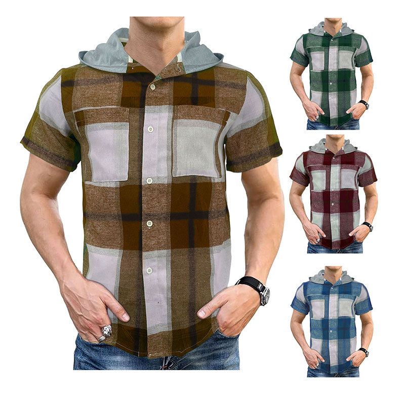 Summer new men's short-sleeved plaid shirt casual hooded business plaid Men's Clothing  Tops  Shirts