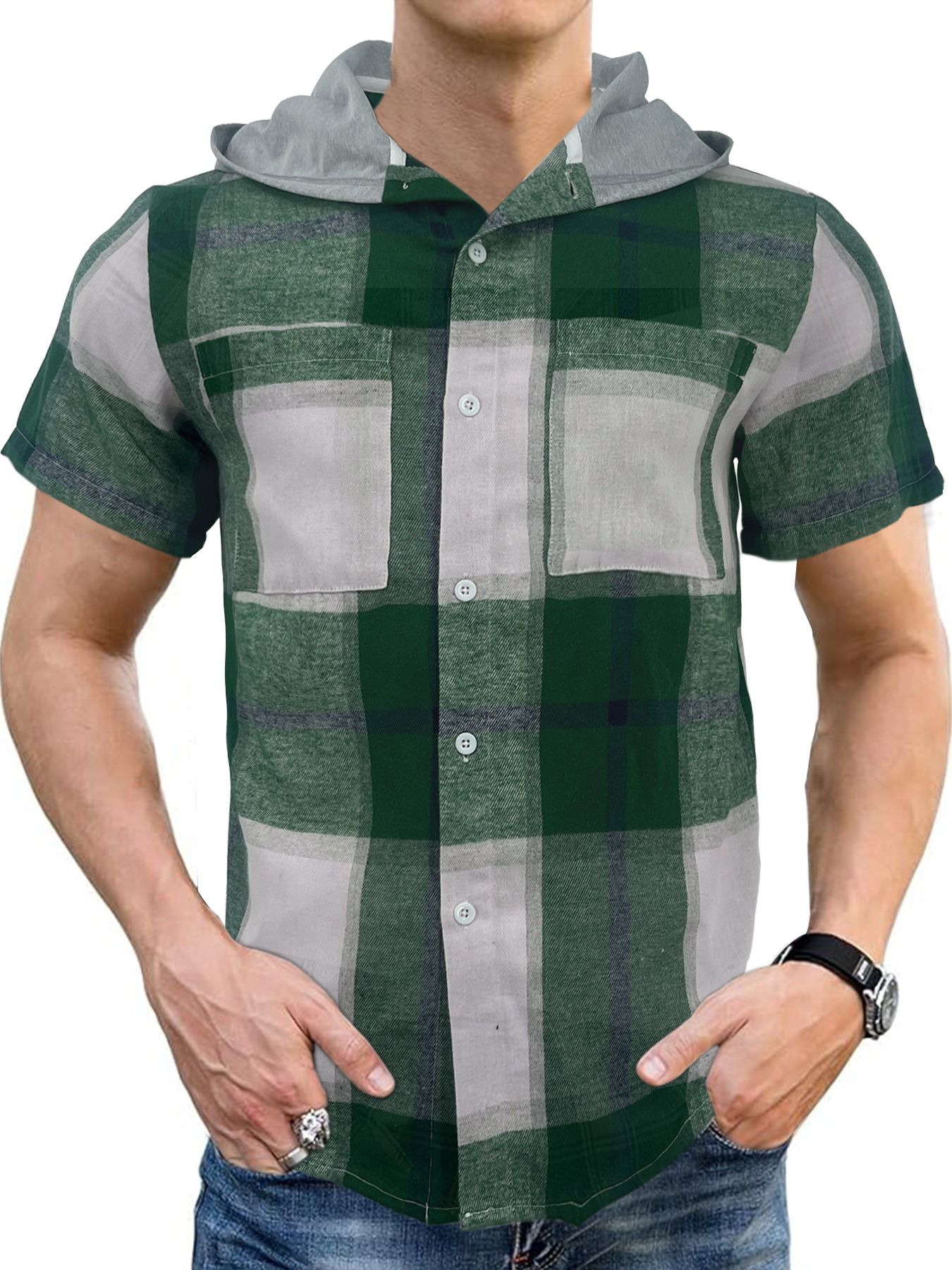 Summer new men's short-sleeved plaid shirt casual hooded business plaid Men's Clothing  Tops  Shirts