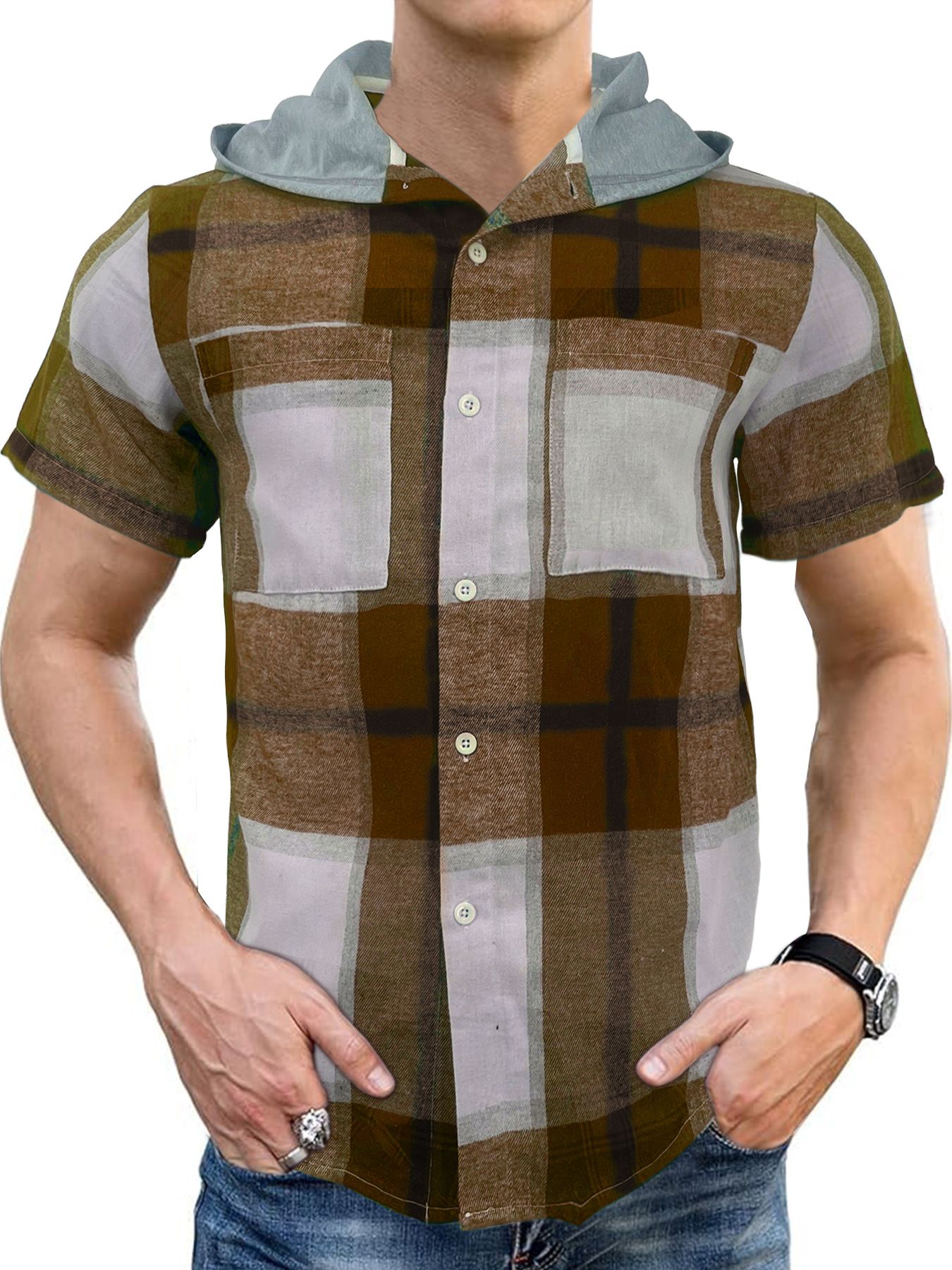 Summer new men's short-sleeved plaid shirt casual hooded business plaid Men's Clothing  Tops  Shirts