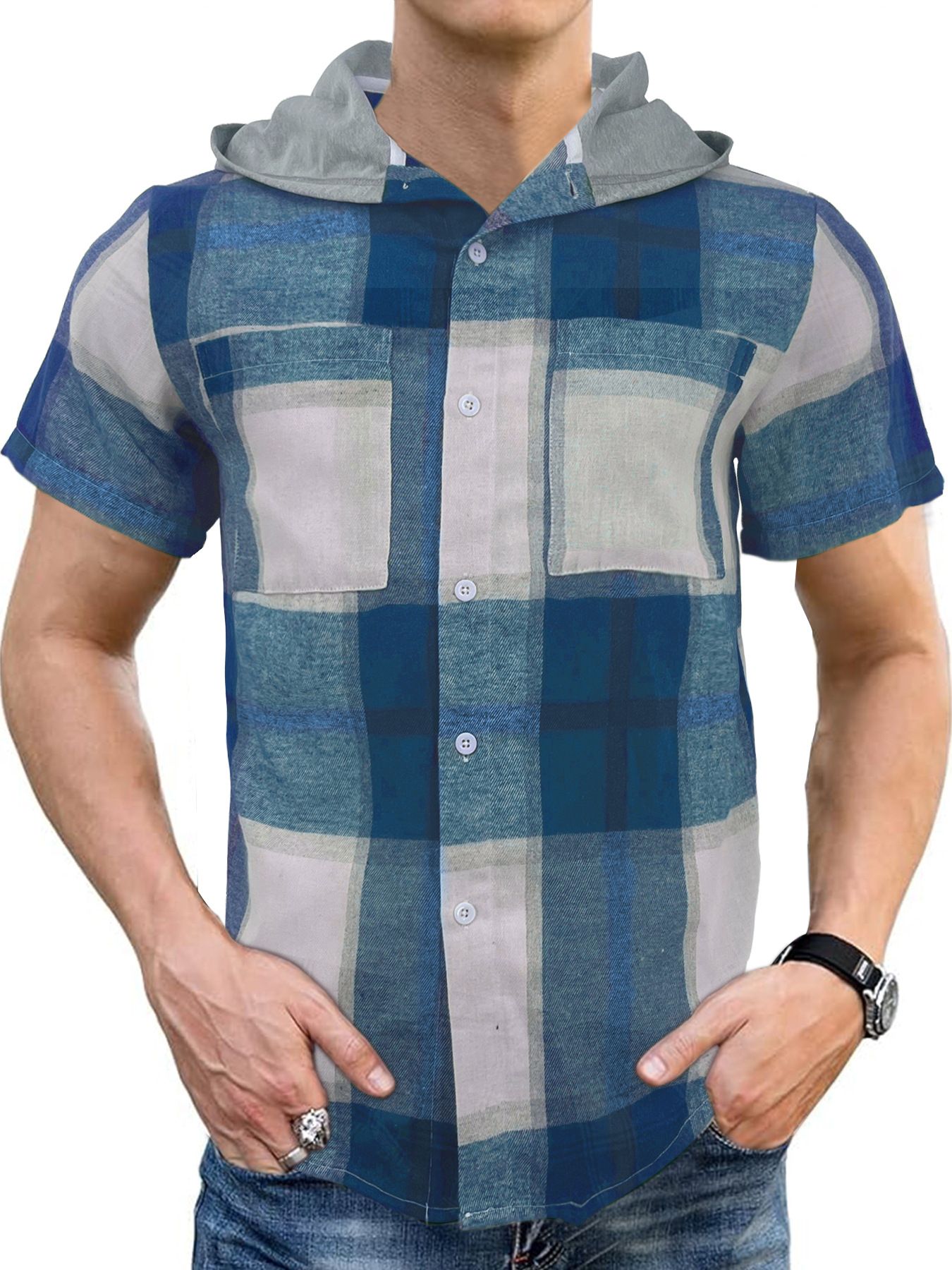 Summer new men's short-sleeved plaid shirt casual hooded business plaid Men's Clothing  Tops  Shirts