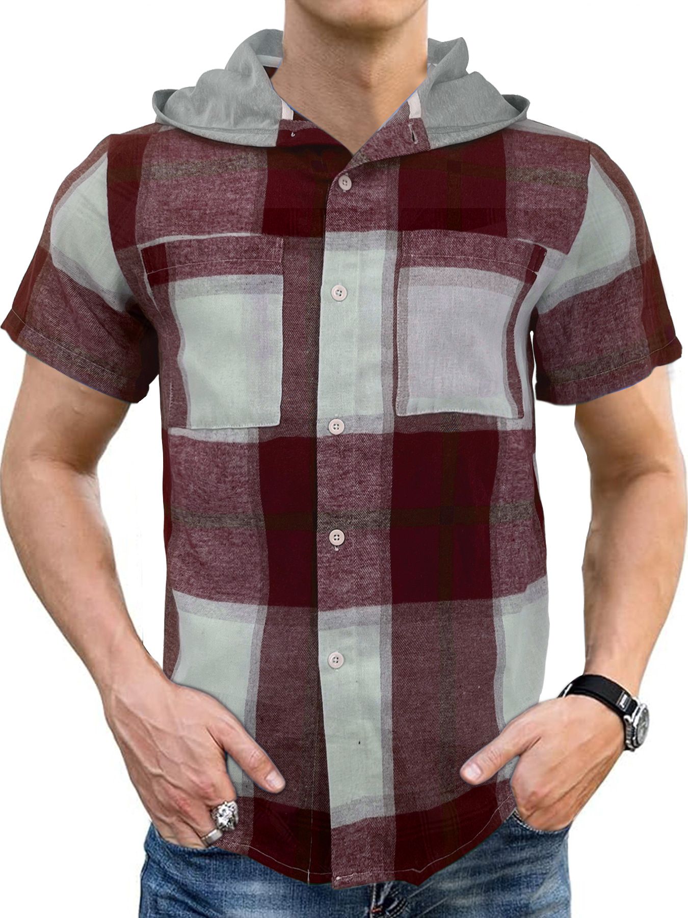 Summer new men's short-sleeved plaid shirt casual hooded business plaid Men's Clothing  Tops  Shirts