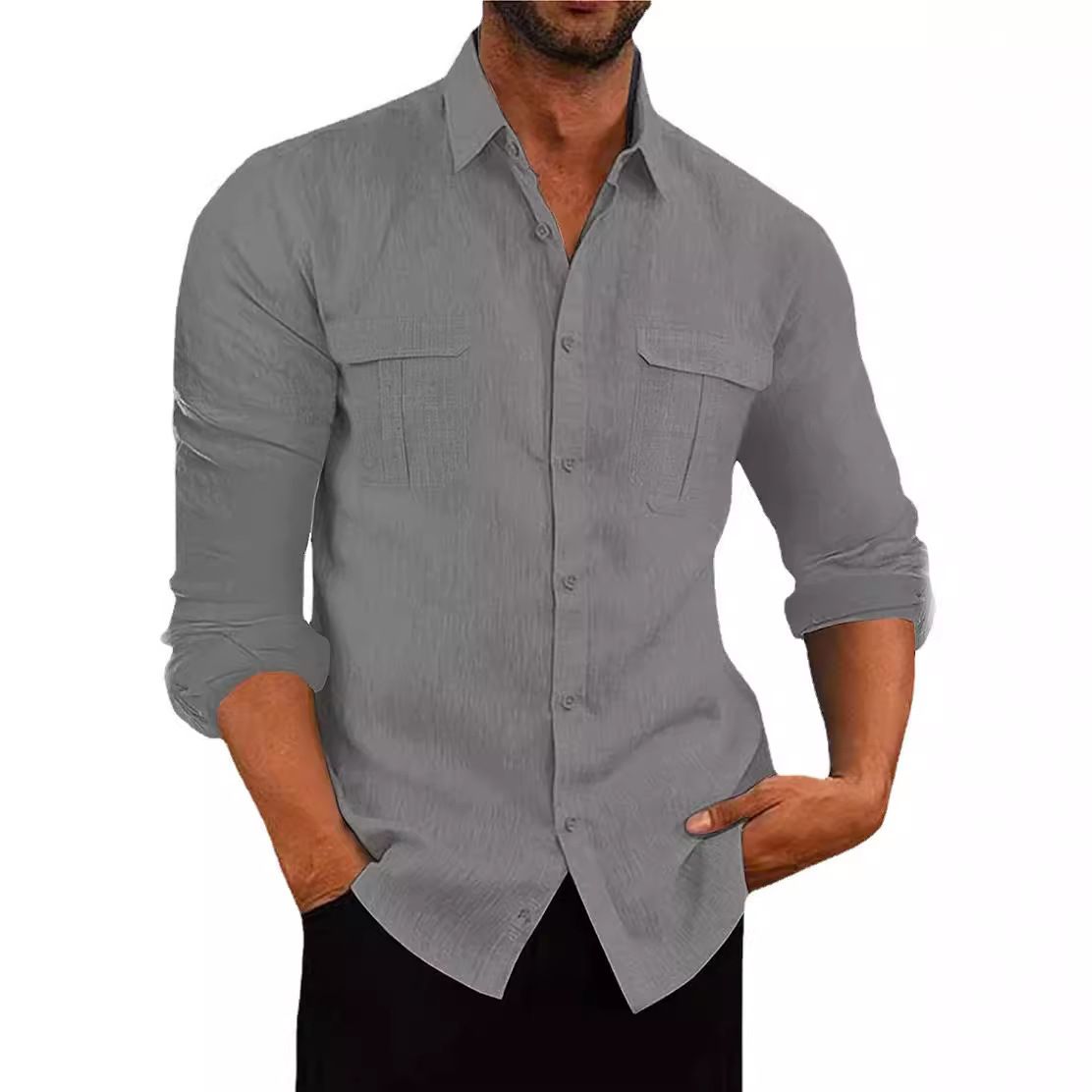 Wholesale men's shirt double pocket cotton linen long sleeved shirts casual vacation shirt for man  Shirts
