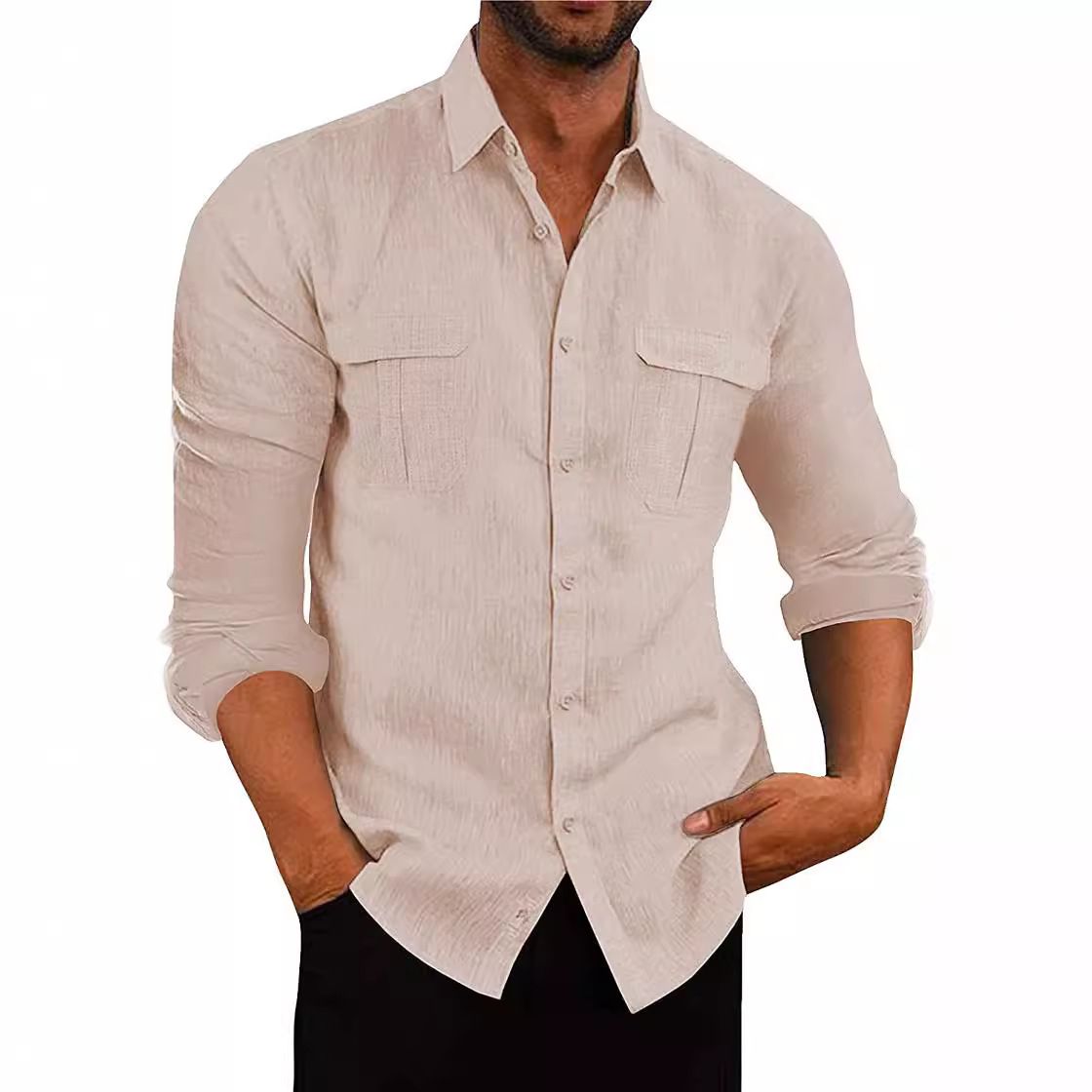Wholesale men's shirt double pocket cotton linen long sleeved shirts casual vacation shirt for man  Shirts