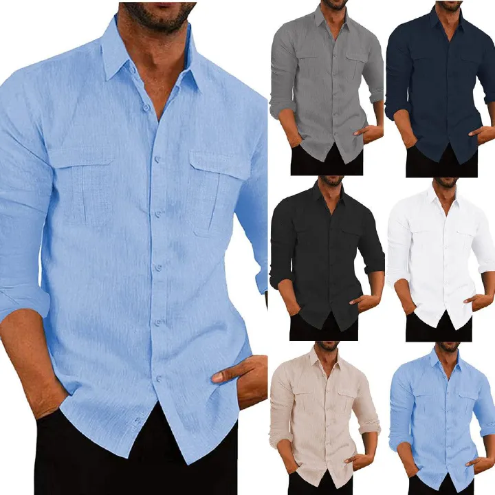 Wholesale men's shirt double pocket cotton linen long sleeved shirts casual vacation shirt for man  Shirts