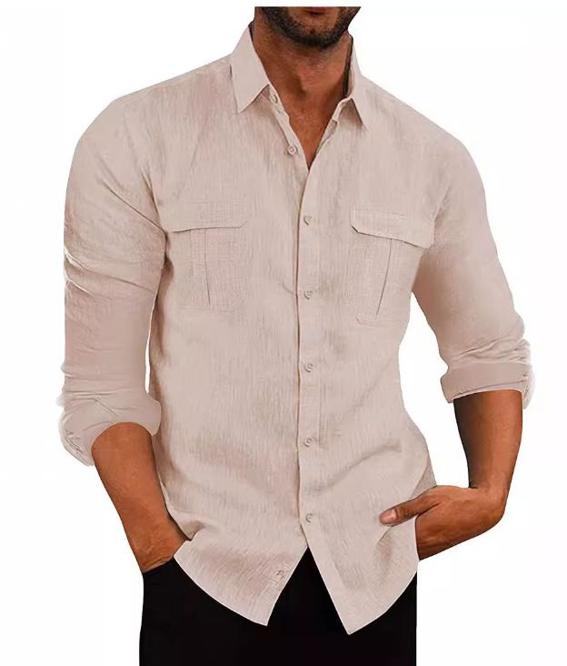 Wholesale men's shirt double pocket cotton linen long sleeved shirts casual vacation shirt for man  Shirts