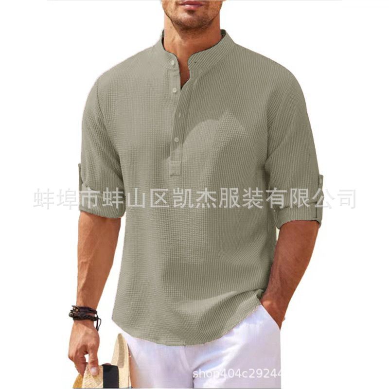 Europe and the United States men's shirt long sleeve stand collar open button pineapple plaid shirt men's casual shirt top  Shirts