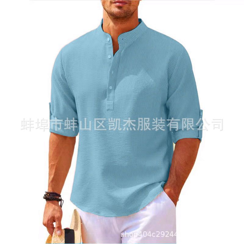 Europe and the United States men's shirt long sleeve stand collar open button pineapple plaid shirt men's casual shirt top  Shirts