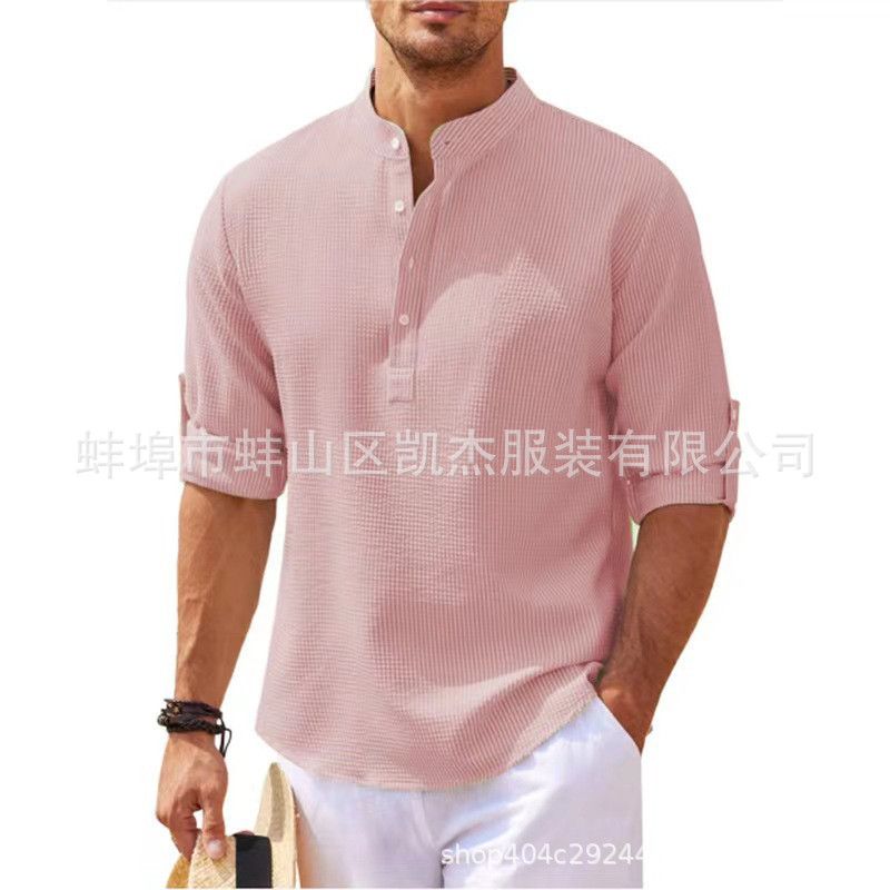 Europe and the United States men's shirt long sleeve stand collar open button pineapple plaid shirt men's casual shirt top  Shirts