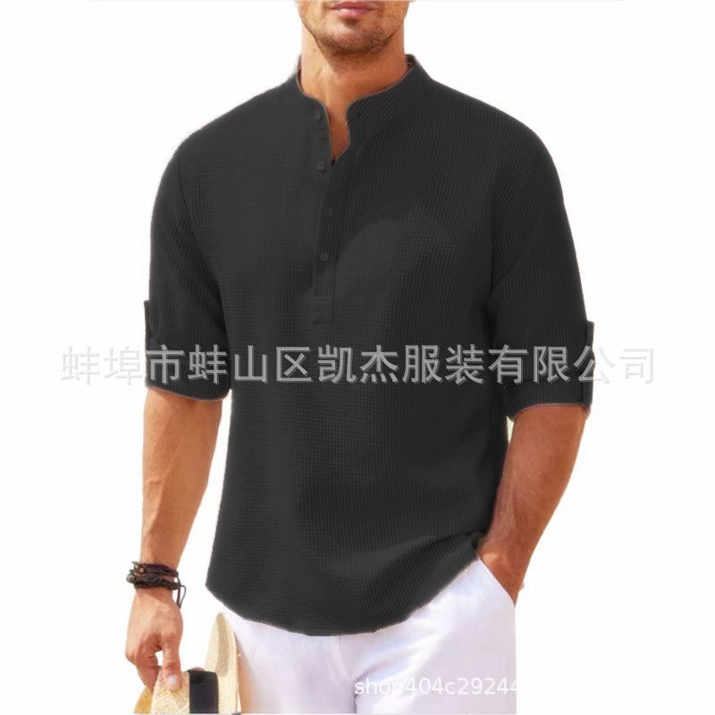 Europe and the United States men's shirt long sleeve stand collar open button pineapple plaid shirt men's casual shirt top  Shirts