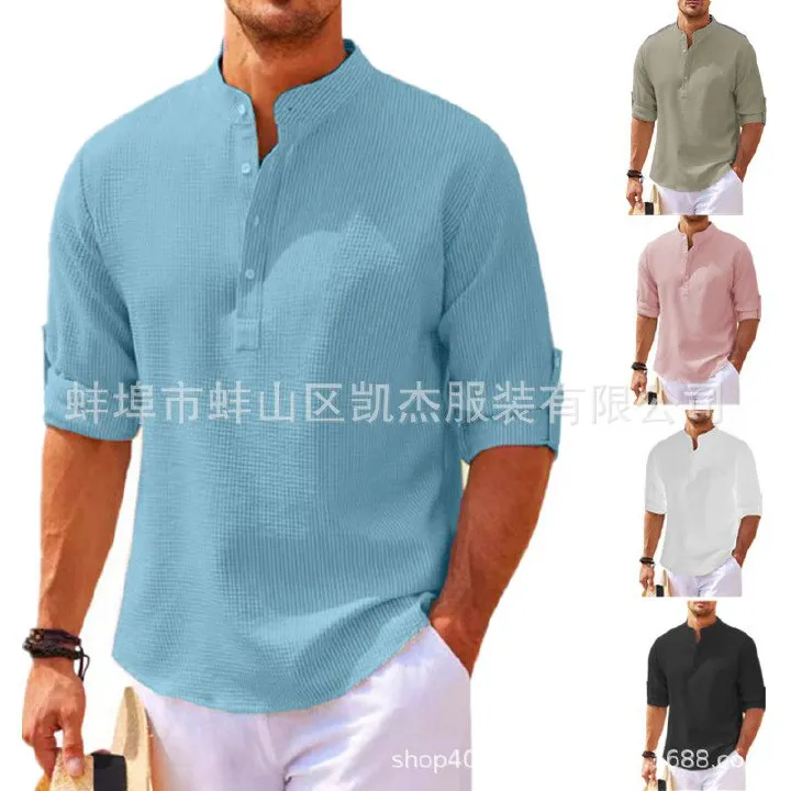 Europe and the United States men's shirt long sleeve stand collar open button pineapple plaid shirt men's casual shirt top  Shirts
