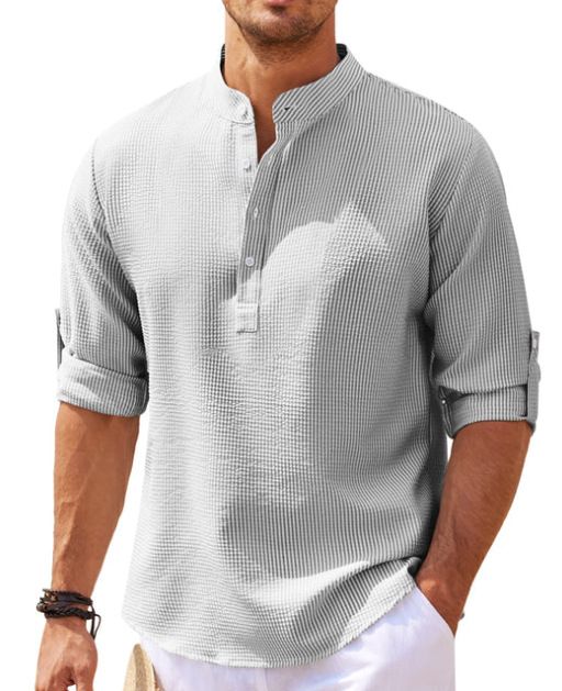 Europe and the United States men's shirt long sleeve stand collar open button pineapple plaid shirt men's casual shirt top  Shirts
