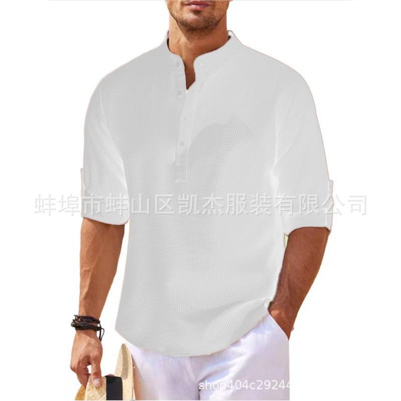 Europe and the United States men's shirt long sleeve stand collar open button pineapple plaid shirt men's casual shirt top  Shirts