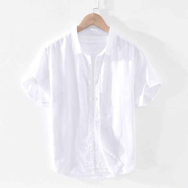 New Fashion Spring Men Shirt Cotton Linen Short Sleeve T-shirt Lapel Neck Solid Color Clothes for Men Casual Beach Shirt