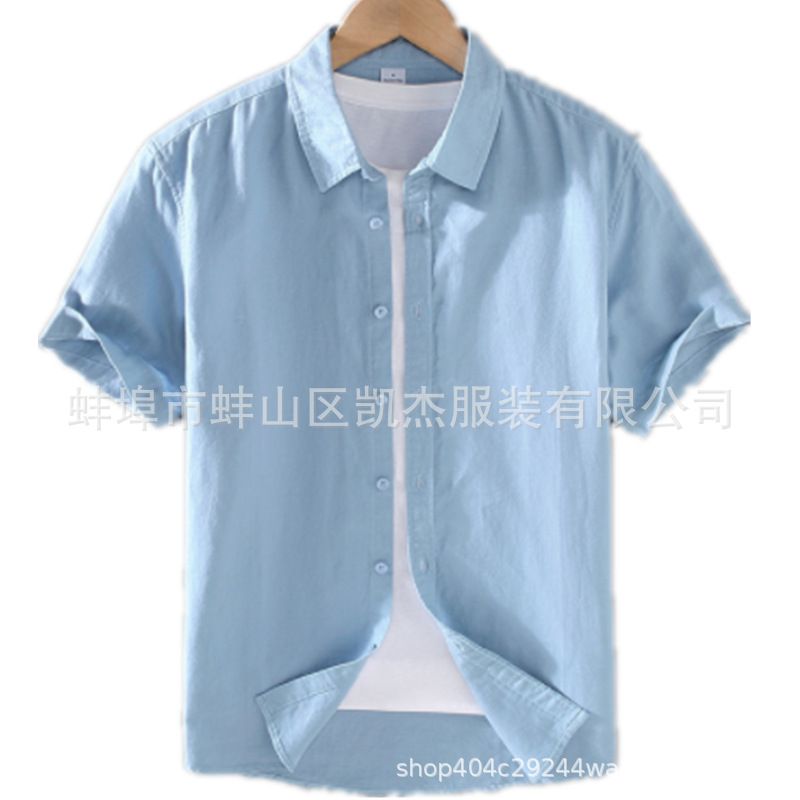New Fashion Spring Men Shirt Cotton Linen Short Sleeve T-shirt Lapel Neck Solid Color Clothes for Men Casual Beach Shirt