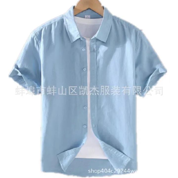 New Fashion Spring Men Shirt Cotton Linen Short Sleeve T-shirt Lapel Neck Solid Color Clothes for Men Casual Beach Shirt