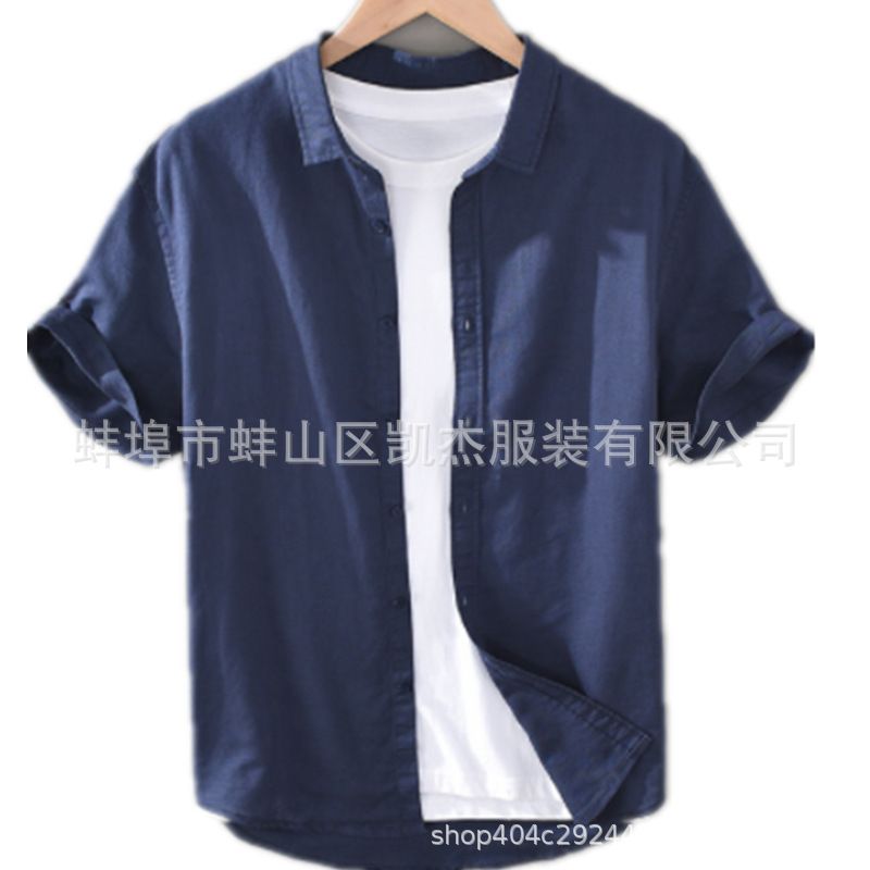 New Fashion Spring Men Shirt Cotton Linen Short Sleeve T-shirt Lapel Neck Solid Color Clothes for Men Casual Beach Shirt