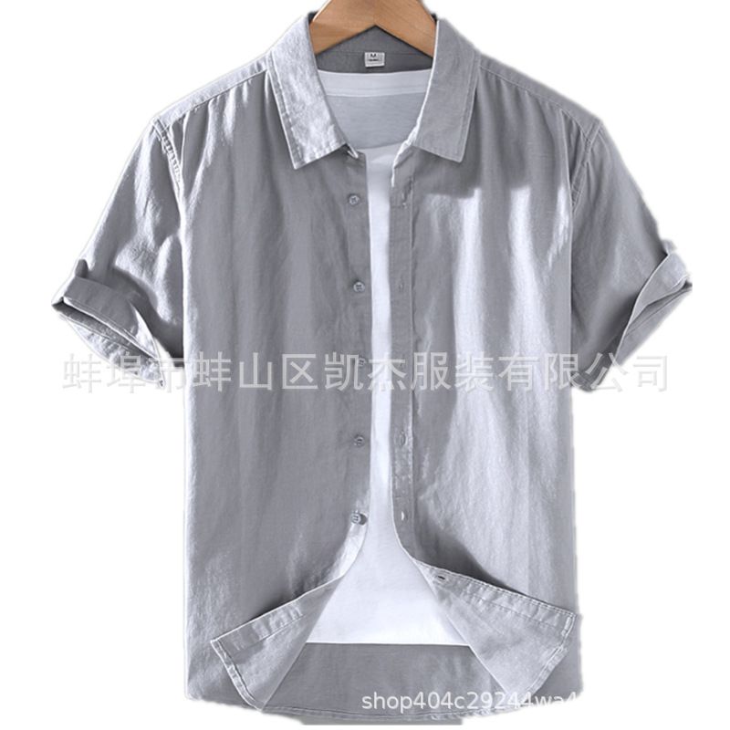 New Fashion Spring Men Shirt Cotton Linen Short Sleeve T-shirt Lapel Neck Solid Color Clothes for Men Casual Beach Shirt