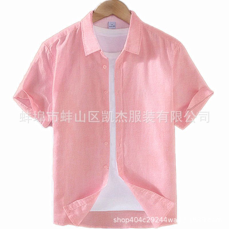 New Fashion Spring Men Shirt Cotton Linen Short Sleeve T-shirt Lapel Neck Solid Color Clothes for Men Casual Beach Shirt