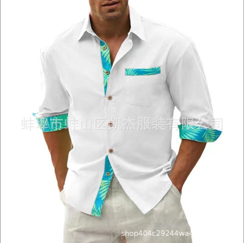 Men's button-up beach shirt long sleeve floral lapel spring and autumn casual everyday wear  Shirts