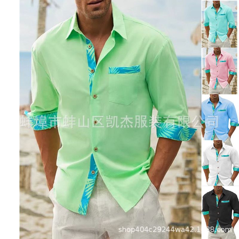Men's button-up beach shirt long sleeve floral lapel spring and autumn casual everyday wear  Shirts