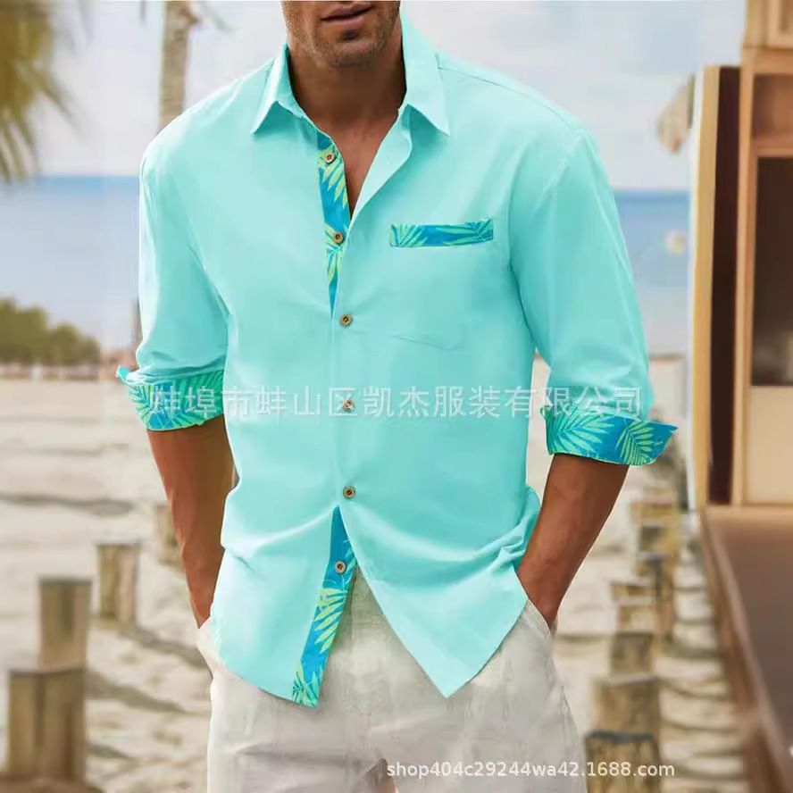 Men's button-up beach shirt long sleeve floral lapel spring and autumn casual everyday wear  Shirts