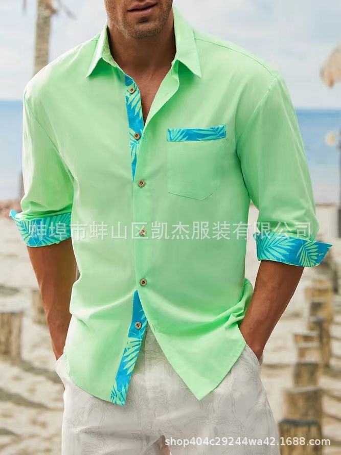 Men's button-up beach shirt long sleeve floral lapel spring and autumn casual everyday wear  Shirts