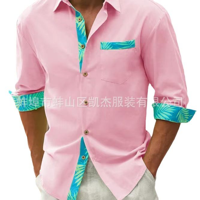 Men's button-up beach shirt long sleeve floral lapel spring and autumn casual everyday wear  Shirts