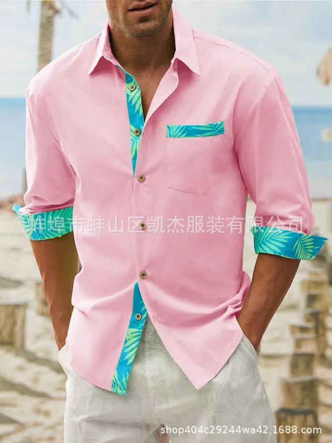 Men's button-up beach shirt long sleeve floral lapel spring and autumn casual everyday wear  Shirts