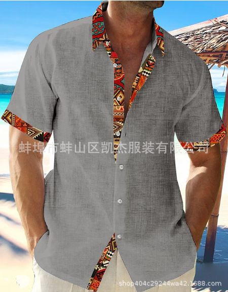 New Hawaii Beach Vacation Shirt Short Sleeve Cardigan Men's Patchwork Lapel Collar Cotton Linen Shirt