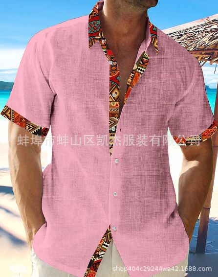New Hawaii Beach Vacation Shirt Short Sleeve Cardigan Men's Patchwork Lapel Collar Cotton Linen Shirt
