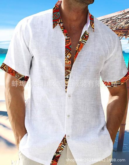 New Hawaii Beach Vacation Shirt Short Sleeve Cardigan Men's Patchwork Lapel Collar Cotton Linen Shirt