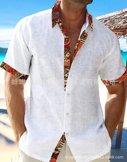 New Hawaii Beach Vacation Shirt Short Sleeve Cardigan Men's Patchwork Lapel Collar Cotton Linen Shirt