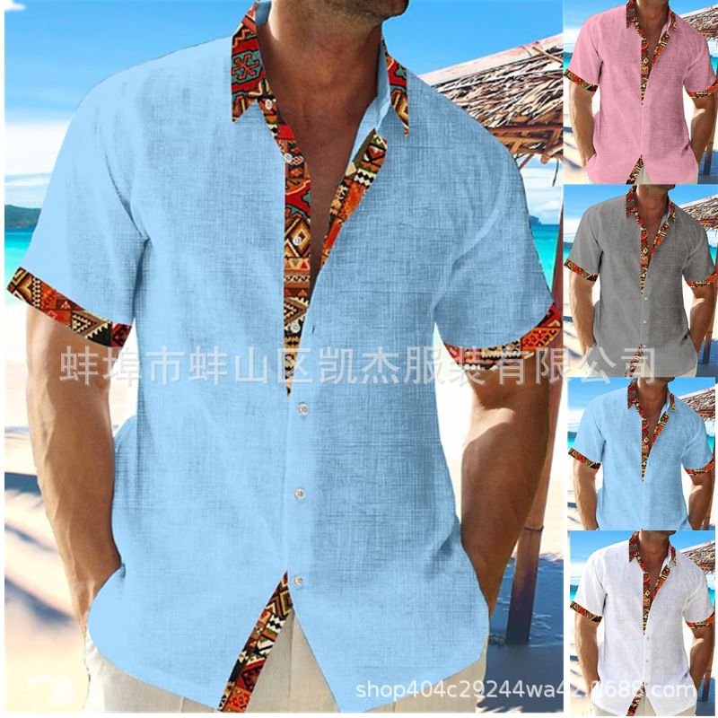 New Hawaii Beach Vacation Shirt Short Sleeve Cardigan Men's Patchwork Lapel Collar Cotton Linen Shirt