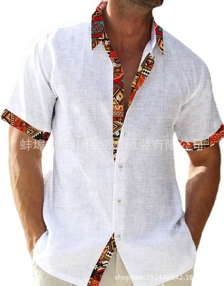 New Hawaii Beach Vacation Shirt Short Sleeve Cardigan Men's Patchwork Lapel Collar Cotton Linen Shirt