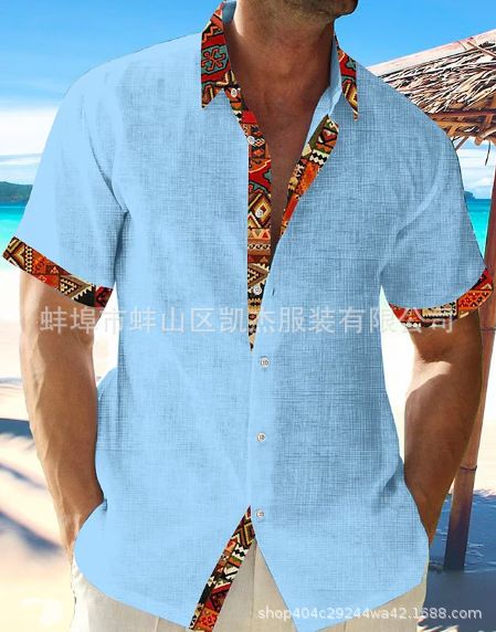New Hawaii Beach Vacation Shirt Short Sleeve Cardigan Men's Patchwork Lapel Collar Cotton Linen Shirt