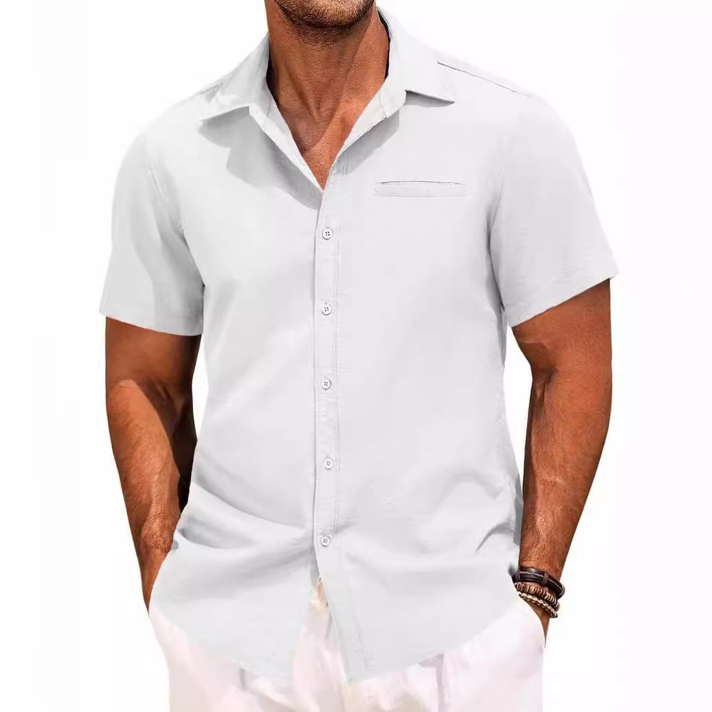 Men's Cotton Linen Short Sleeve Shirts Button Down Casual 4 - way elastic Shirt Summer Beach Shirts with Pocket  Shirts