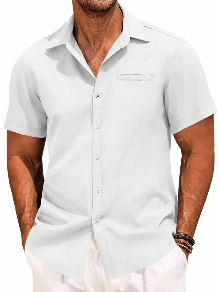 Men's Cotton Linen Short Sleeve Shirts Button Down Casual 4 - way elastic Shirt Summer Beach Shirts with Pocket  Shirts