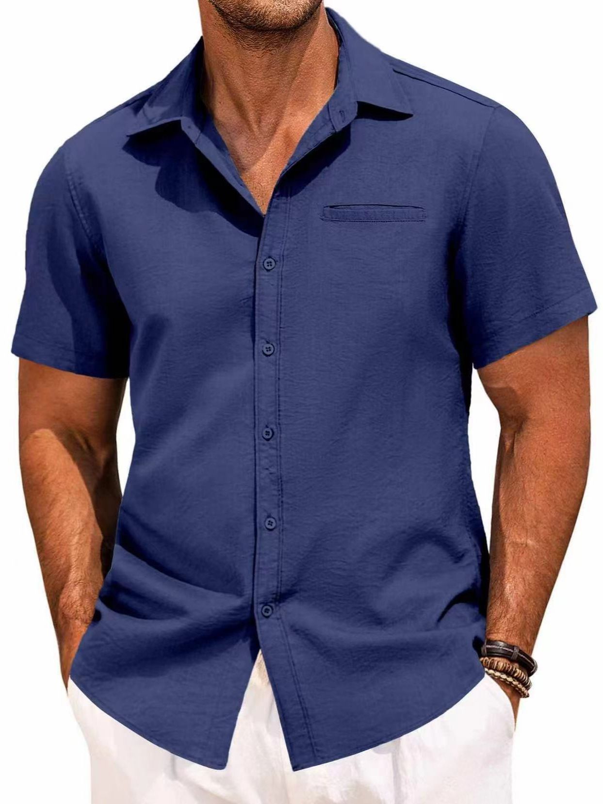 Men's Cotton Linen Short Sleeve Shirts Button Down Casual 4 - way elastic Shirt Summer Beach Shirts with Pocket  Shirts