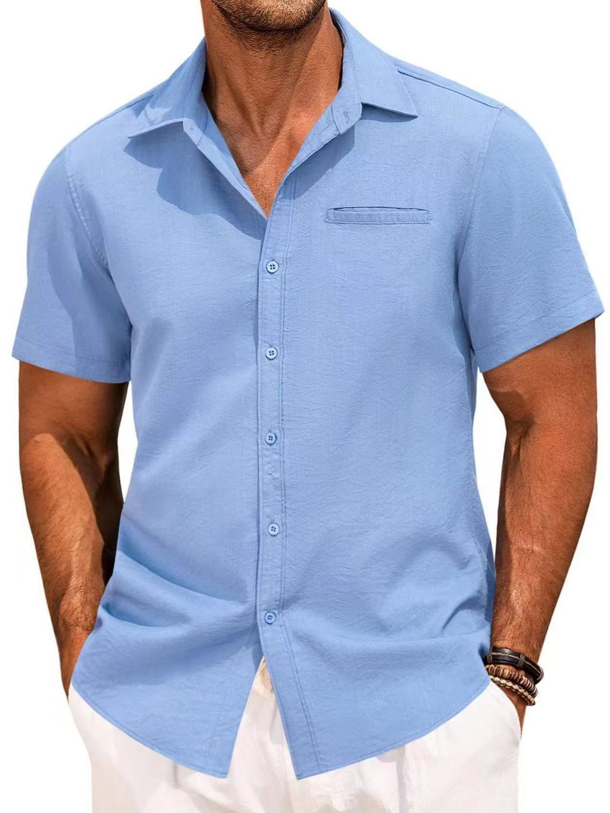 Men's Cotton Linen Short Sleeve Shirts Button Down Casual 4 - way elastic Shirt Summer Beach Shirts with Pocket  Shirts