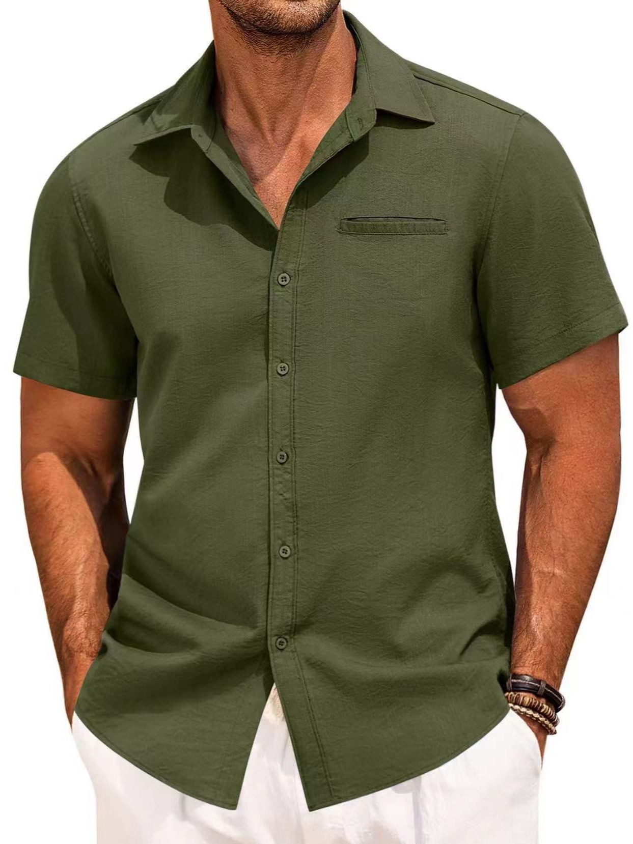 Men's Cotton Linen Short Sleeve Shirts Button Down Casual 4 - way elastic Shirt Summer Beach Shirts with Pocket  Shirts