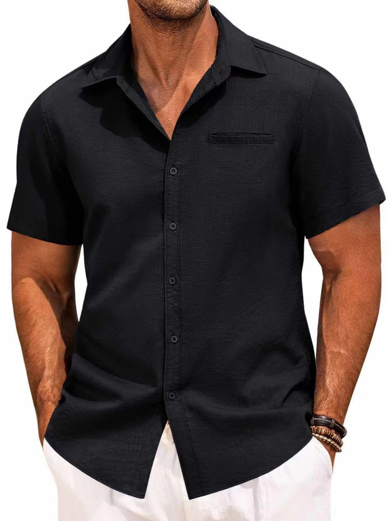 Men's Cotton Linen Short Sleeve Shirts Button Down Casual 4 - way elastic Shirt Summer Beach Shirts with Pocket  Shirts