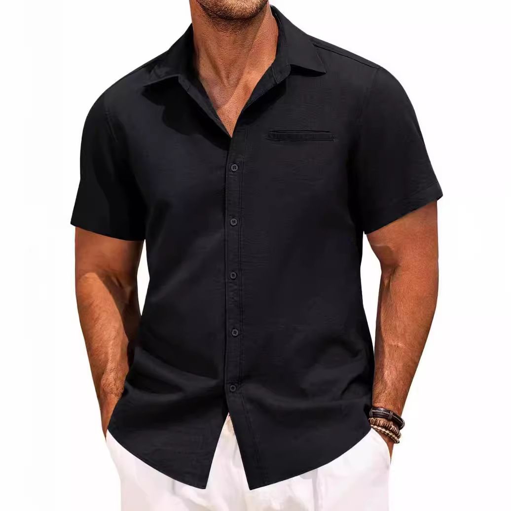 Men's Cotton Linen Short Sleeve Shirts Button Down Casual 4 - way elastic Shirt Summer Beach Shirts with Pocket  Shirts