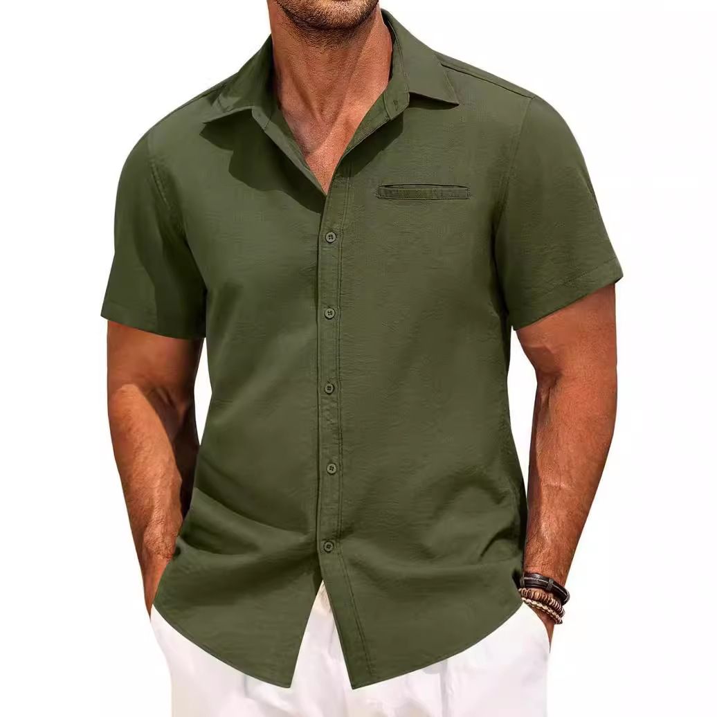 Men's Cotton Linen Short Sleeve Shirts Button Down Casual 4 - way elastic Shirt Summer Beach Shirts with Pocket  Shirts
