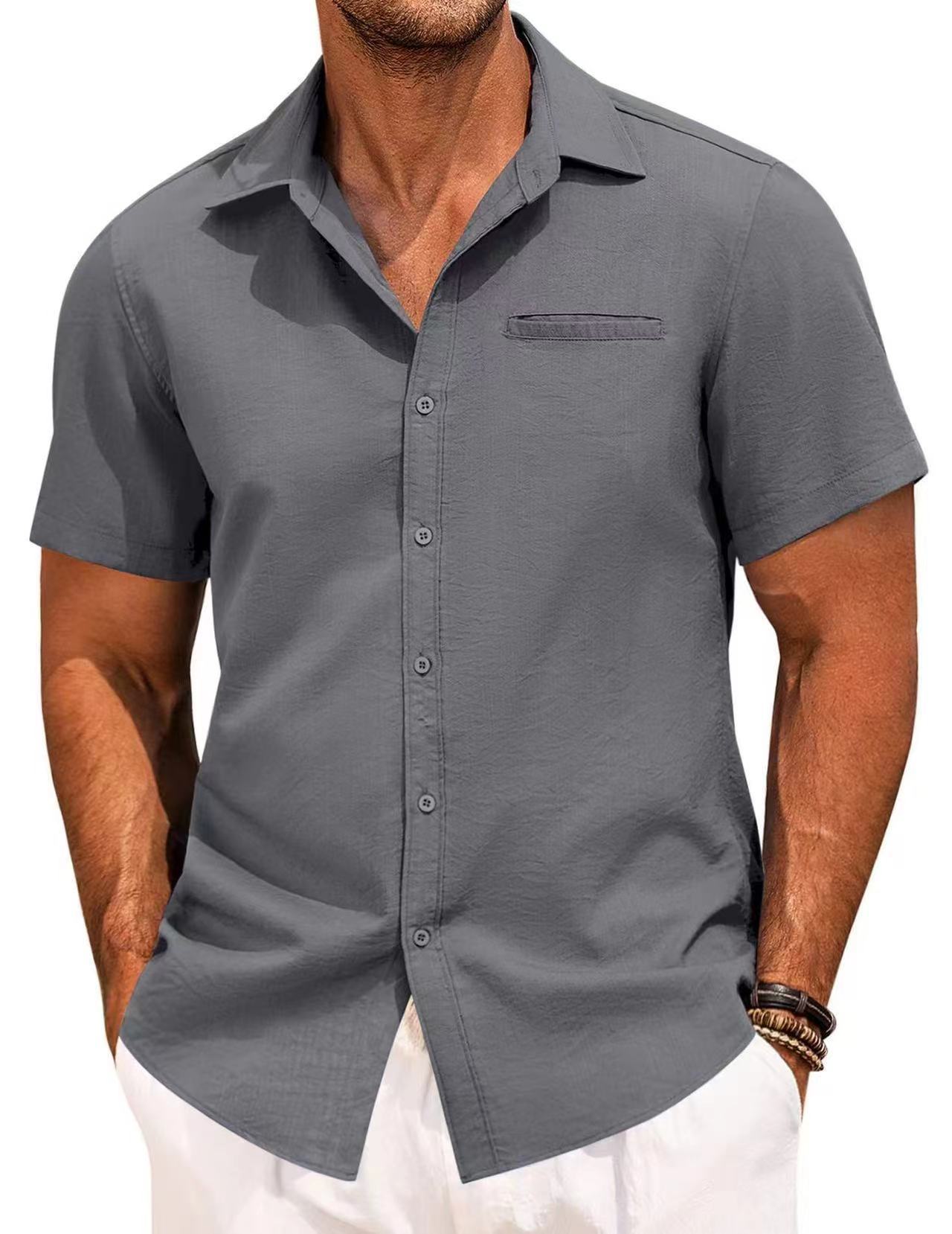 Men's Cotton Linen Short Sleeve Shirts Button Down Casual 4 - way elastic Shirt Summer Beach Shirts with Pocket  Shirts