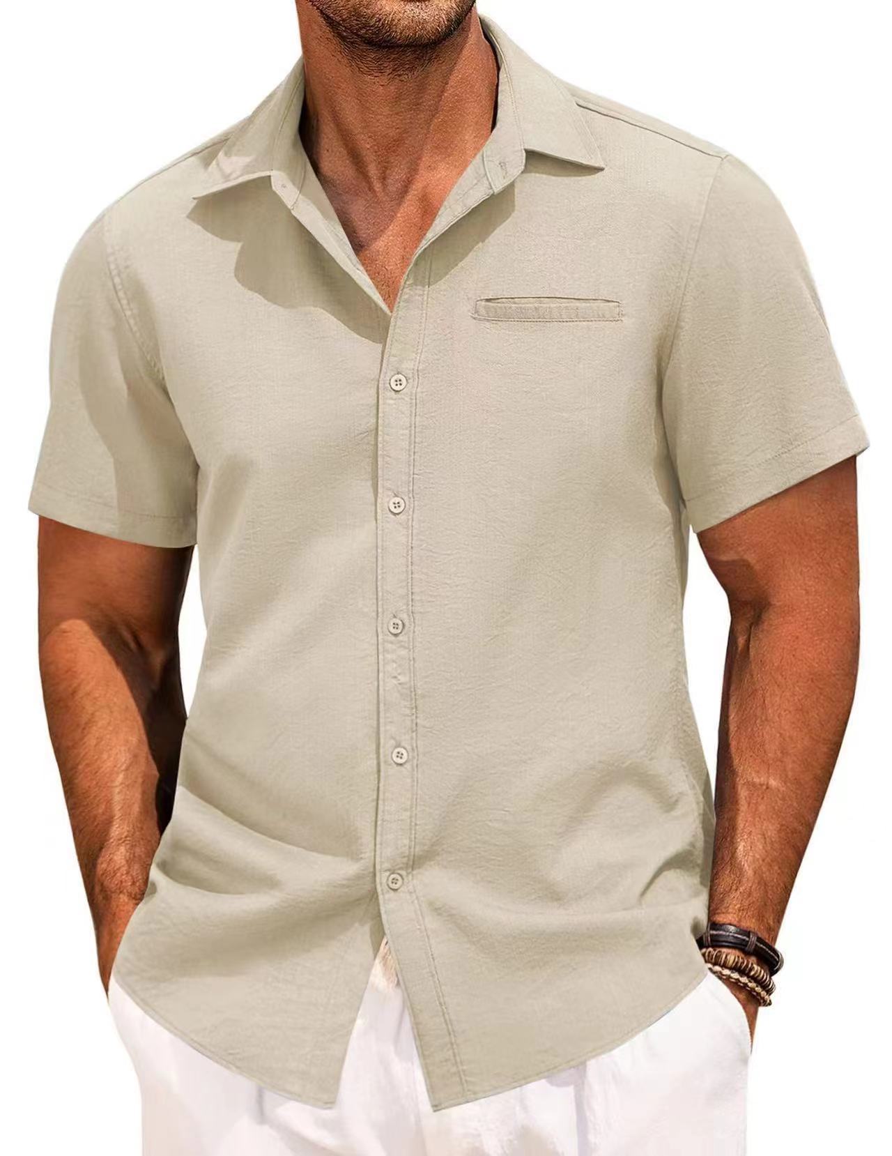 Men's Cotton Linen Short Sleeve Shirts Button Down Casual 4 - way elastic Shirt Summer Beach Shirts with Pocket  Shirts