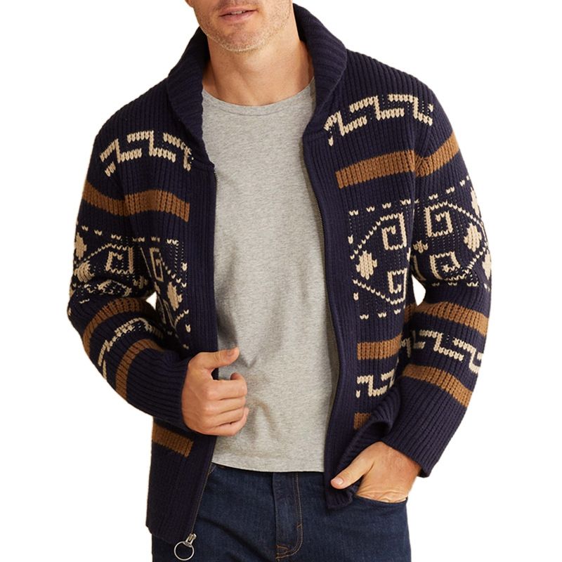 Custom Men's sweater Fashion Lapel Zipped Cardigan Jacket Long Sleeve Fair Isle Jacquard Knit Cardigan Sweater For Men Sweaters