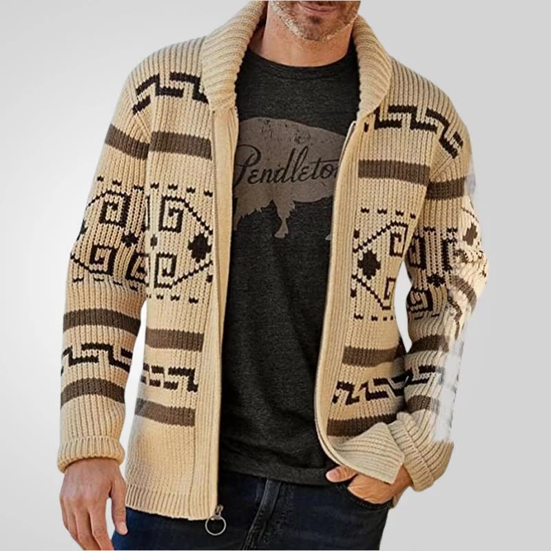 Custom Men's sweater Fashion Lapel Zipped Cardigan Jacket Long Sleeve Fair Isle Jacquard Knit Cardigan Sweater For Men Sweaters