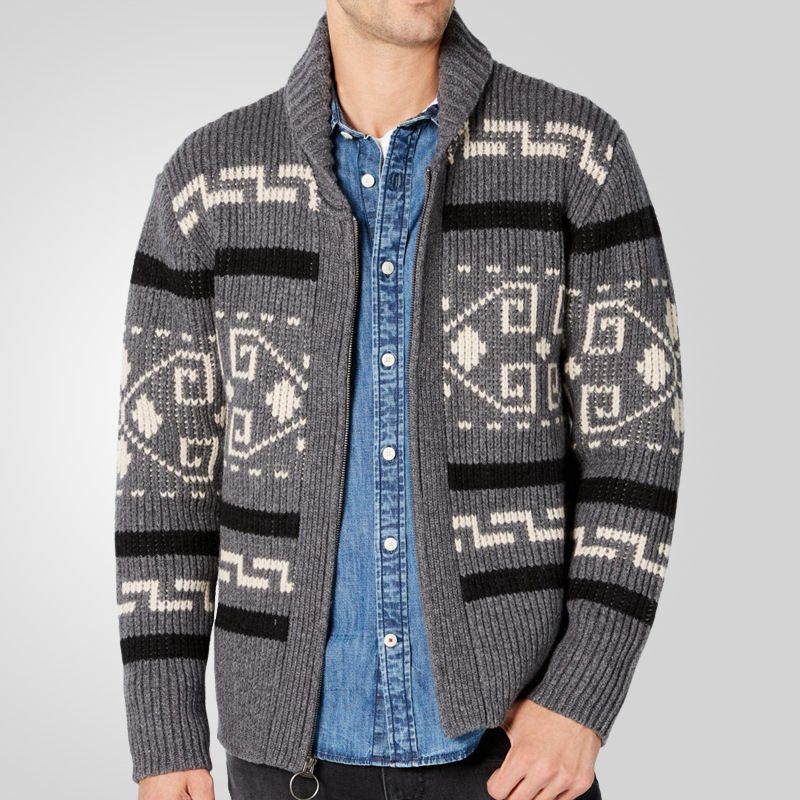 Custom Men's sweater Fashion Lapel Zipped Cardigan Jacket Long Sleeve Fair Isle Jacquard Knit Cardigan Sweater For Men Sweaters
